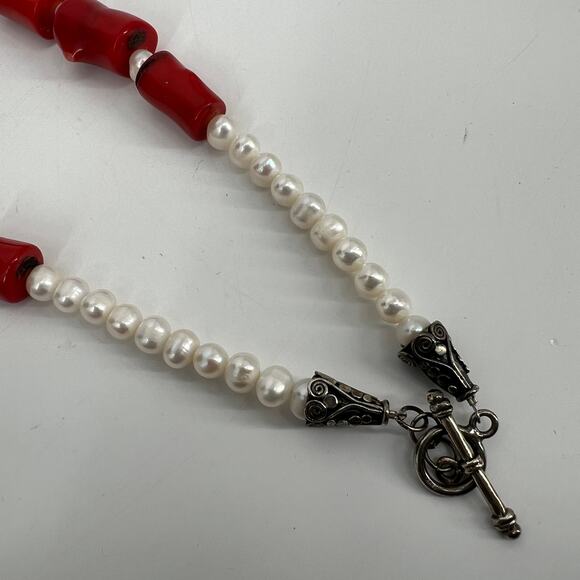 Red Coral Genuine Pearl Necklace Silver Clasp 18 inch Chunky Statement Tropical - Picture 7 of 11